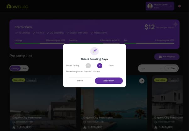 Dwelleo platform – dashboard and property list